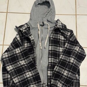 Black and White Plaid Jacket with Gray Hoodie